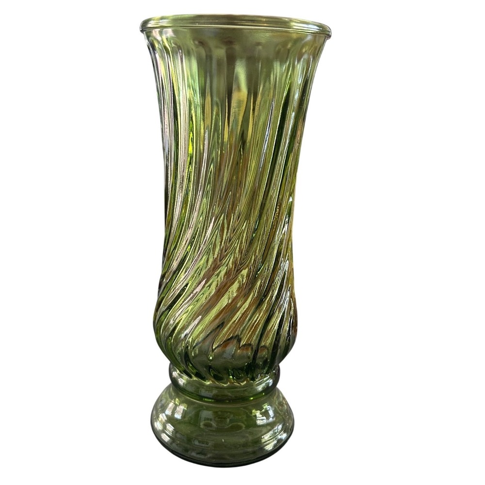 Vintage WAPCO 5442 Green Swirl‎ Glass Vase 9.5" Pedestal Trumpet Vase – 1930s